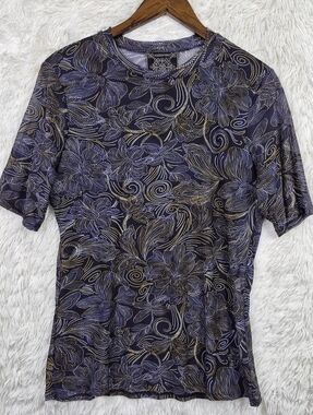 Johnny Was Jade Dajiki Navy Mesh Knit Top Sz L Sheer Colorful Floral Paisley